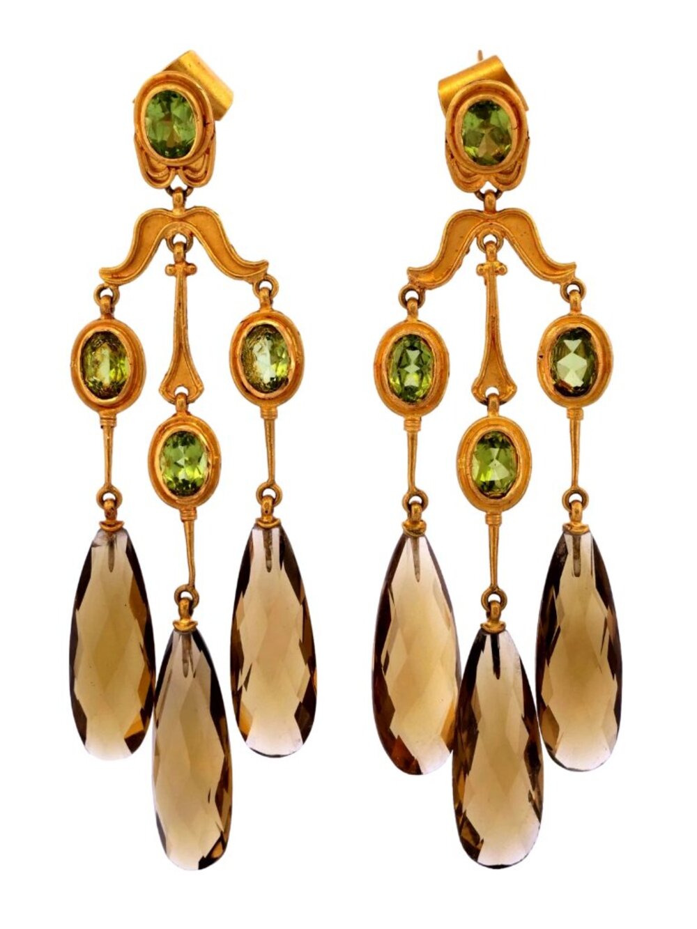 22K Yellow Gold Chandelier Earrings with Golden Smoky Quartz & Peridot 20.87g
